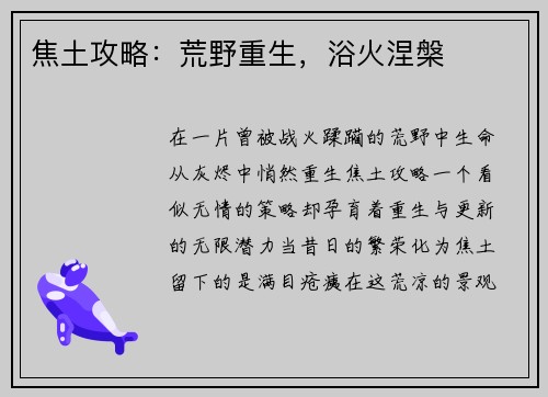 焦土攻略：荒野重生，浴火涅槃